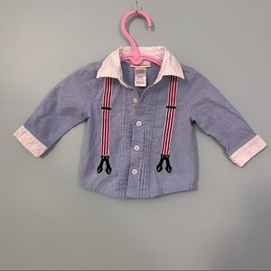 MINICLASIX boys button down suspended appliqué shirt. Size 3 months.